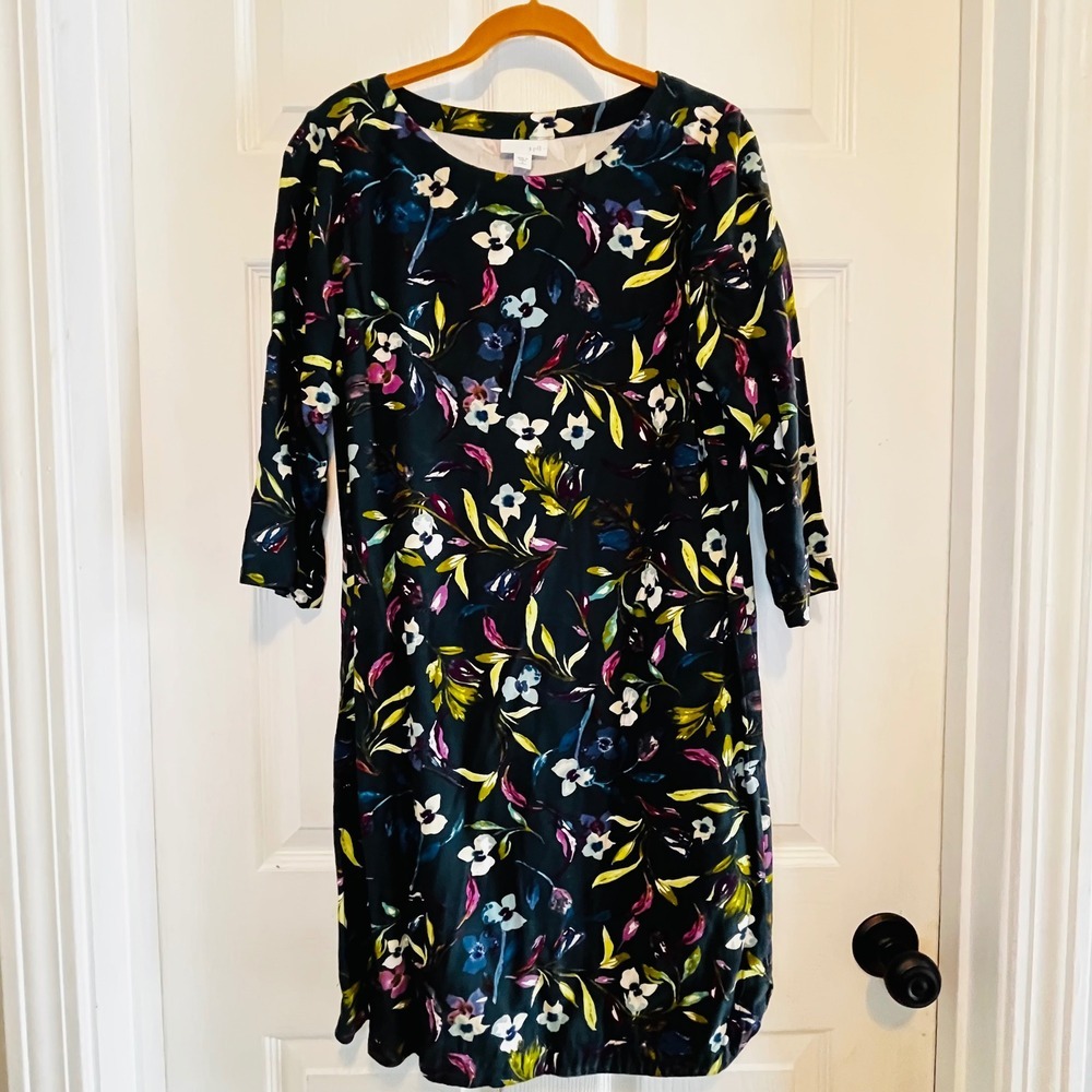 J Jill Petite Medium Floral Print 3/4 Sleeve Round Neck Dress Summer Vacation